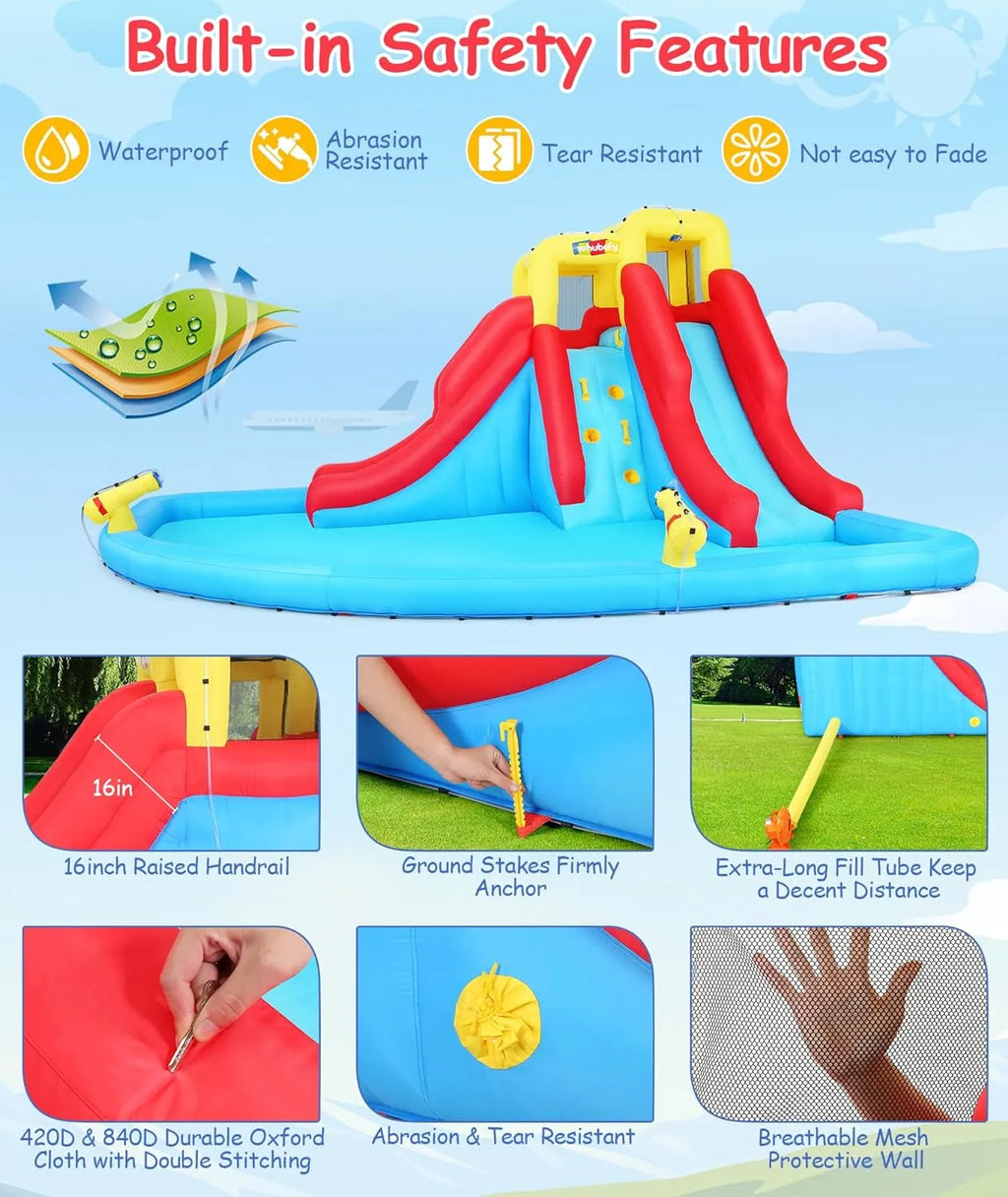 Scivoli d'acqua gonfiabili per bambini, parco acquatico gonfiabile 8-in-1 con soffiatore da 450 W, parete da arrampicata, piscina, 2 cannoni ad acqua, canestro da basket, scivolo ad acqua, irrigatore a coccodrillo come regalo per una festa in giardino