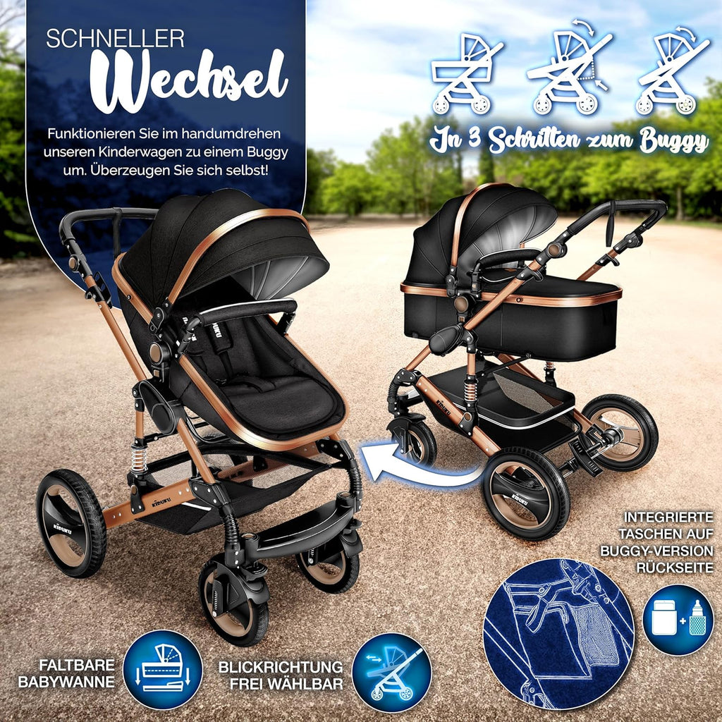 KIDUKU® Set completo passeggino 3 in 1 | Set passeggino combinato con navicella e sedile sportivo passeggino e seggiolino auto ovetto sacco a pelo | Ruote in gomma piena borsa per il cambio scaldamani parapioggia tavolino ECE R129