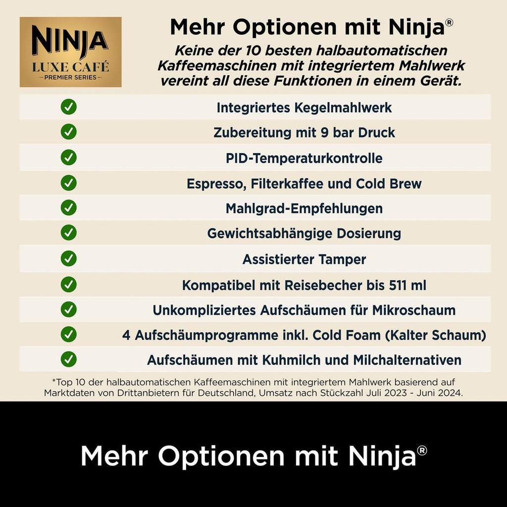 Ninja Luxe Essential Macchina da caffè 2-in-1 con macinacaffè e montalatte per latte, cappuccino ed espresso, facile da usare, 2 impostazioni predefinite per la schiuma, argento, ES501EU