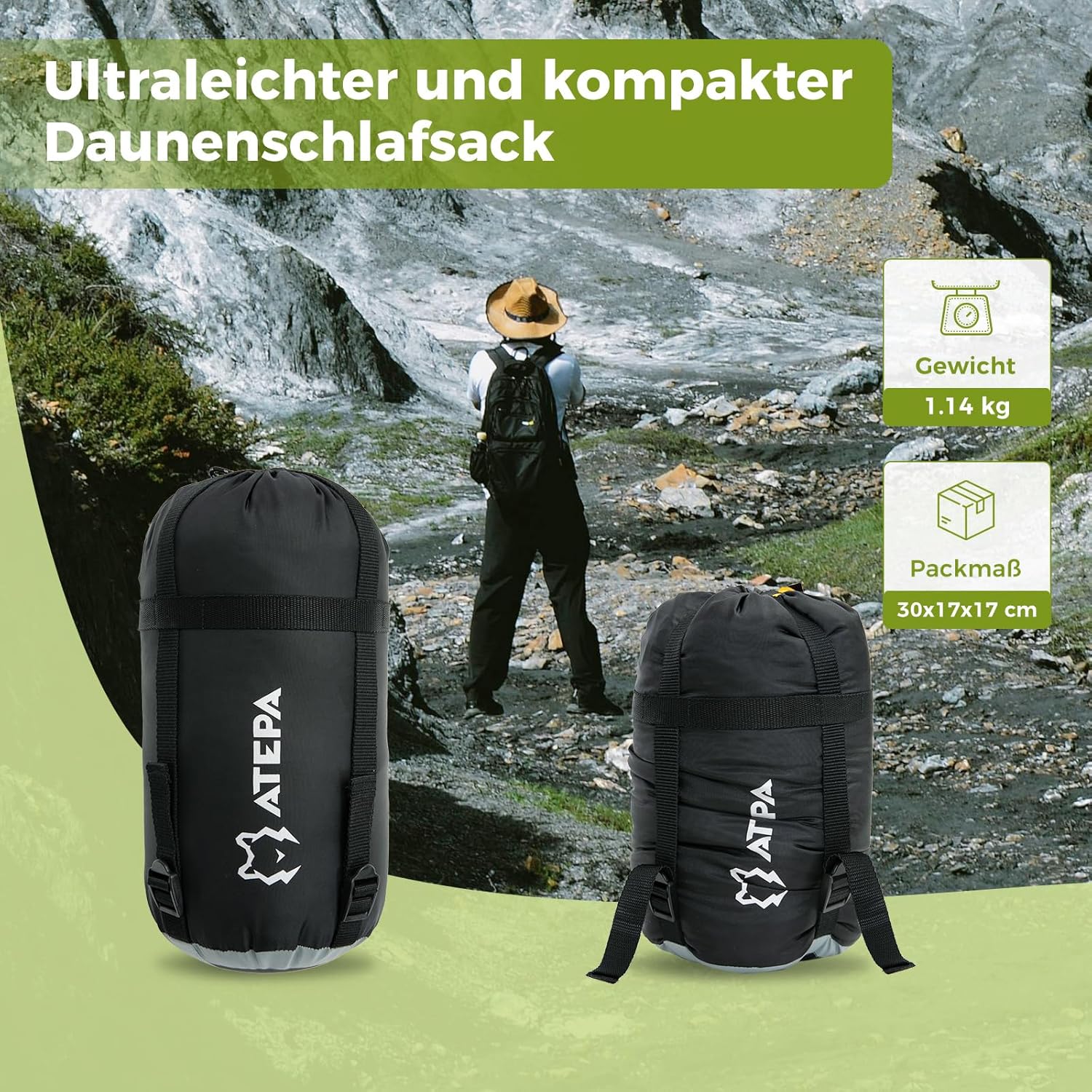 ATEPA Daunen Schlafsack Winter mit abnehmbare Decke, daunen Schlafsack XXL für 3-4 Jahreszeiten mit mattenbefestigung, Fußkasten, Zwei-Wege-Reißverschluss, Camping Outdoor