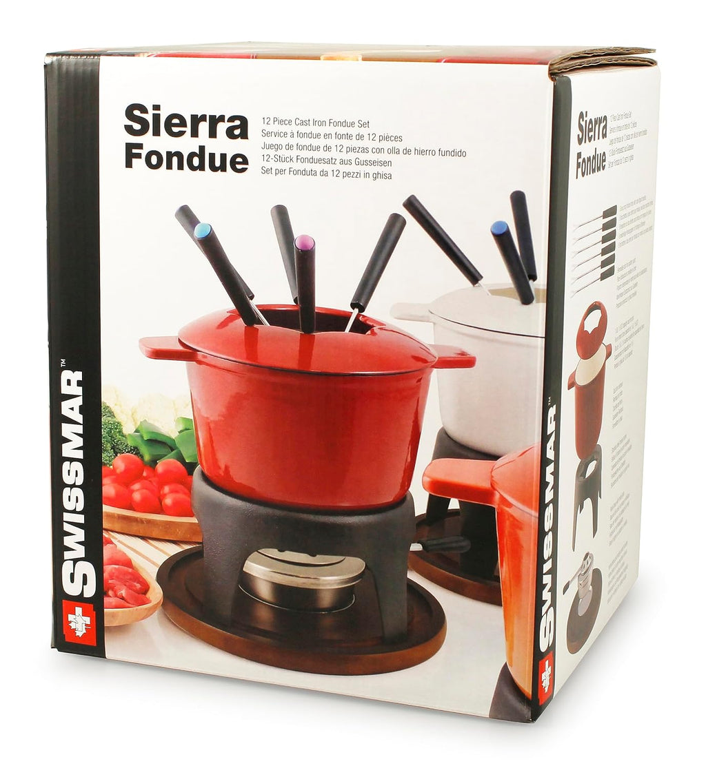 Swissmar F66705 Sierra Set Fondue 11 Pezzi, Ghisa/Acciaio Inossidabile, Rosso Ciliegia, 1.6L, Set Fondue per Carne, Formaggio e Cioccolato, per 4 Persone, Confezione Regalo