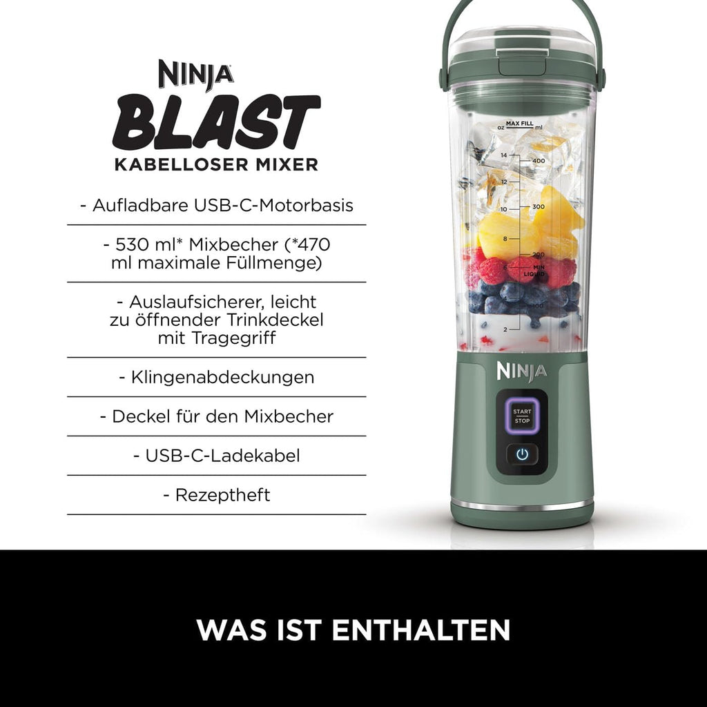 Ninja Blast Frullatore Portatile / Frullatore a Immersione / Frullatore per Smoothie, Tazza da 530 ml, Coperchio a Prova di Perdite, Mini Frullatore Potente, Senza Fili e Ricaricabile, Trita Ghiaccio e Frutta, Nero, BC151EUBK