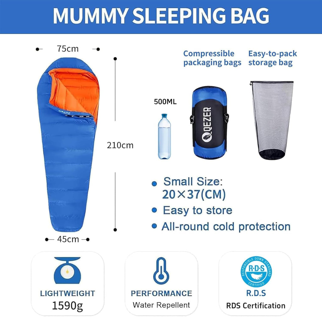 QEZER Daunenschlafsack Warmer Winter Schlafsack Outdoor -8°C bis -23°C 4 Jahreszeiten Mumienschlafsack für Erwachsener und Jugendliche Camping Outdoor und Indoor