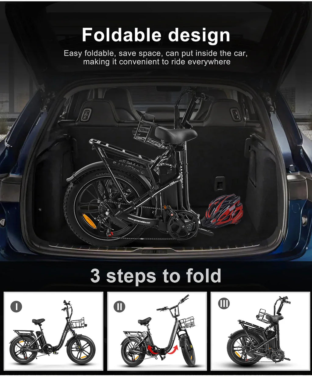 SAMEBIKE C05 Pro E-Bike Fat Tire pieghevole con telaio a passo basso, batteria 36V 13Ah e motore 500W