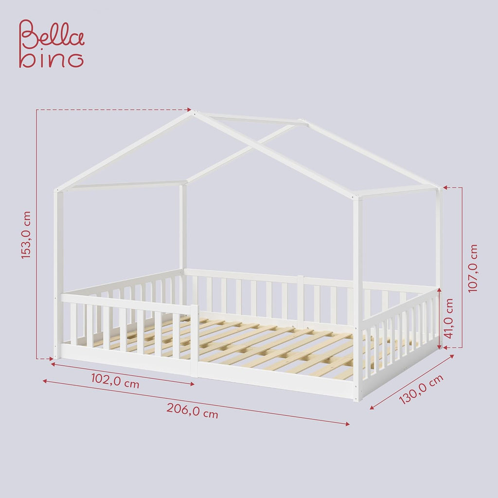 Bellabino Lettino per bambini Bia 140x200 cm, letto a capanna per bambini con protezione anticaduta e rete a doghe arrotolabile, letto a terra Montessori bianco in legno massello di pino
