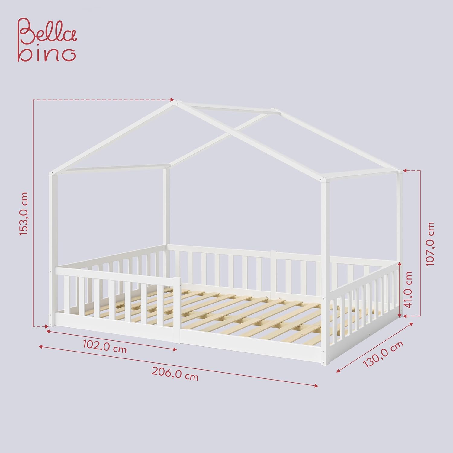 Bellabino Lettino per bambini Bia 140x200 cm, letto a capanna per bambini con protezione anticaduta e rete a doghe arrotolabile, letto a terra Montessori bianco in legno massello di pino