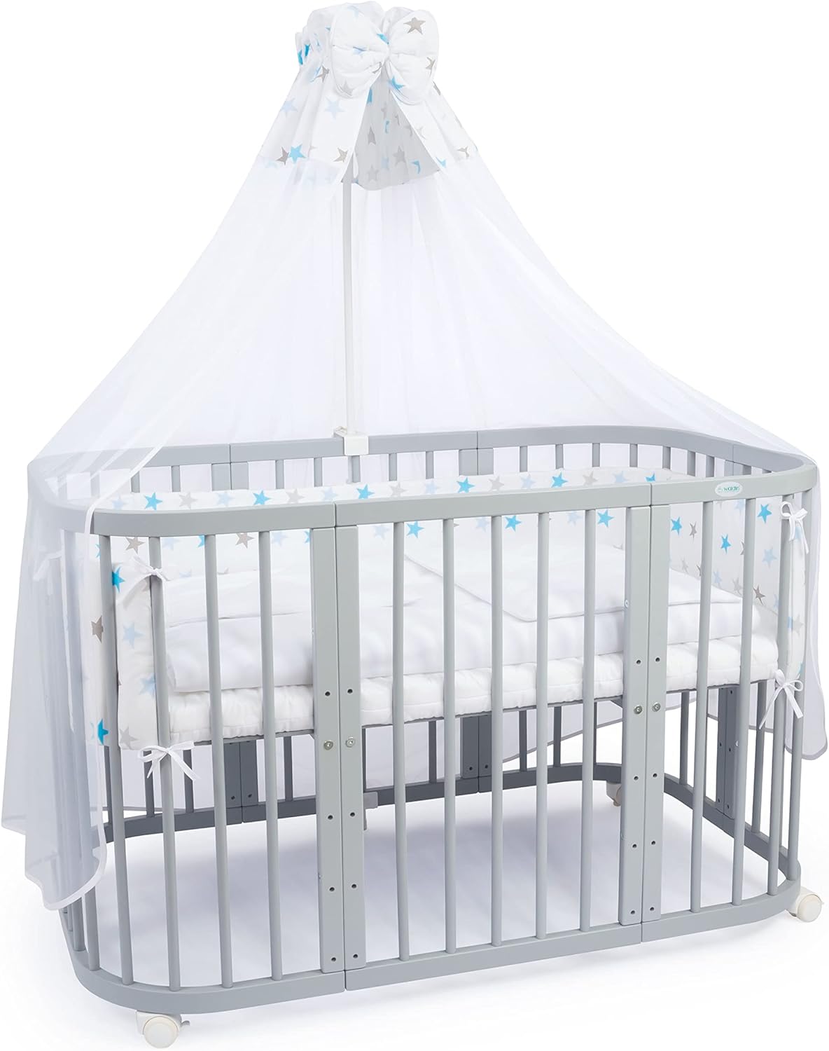 Waldin Lettino per bambini in legno 7in1 con materasso, Letto "Cresci con me", Ventilato, Base regolabile in 5 altezze, Set All-Inclusive, Legno Bianco