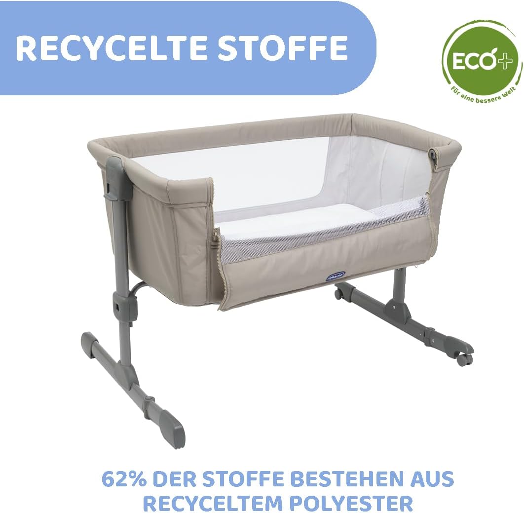 Chicco Next2Me Essential Lettino fianco letto per neonati, Sostenibile, Compatibile con diversi letti, Regolabile in altezza, Inclinabile, Buona circolazione dell'aria, Materasso e borsa inclusi, 0-6 mesi