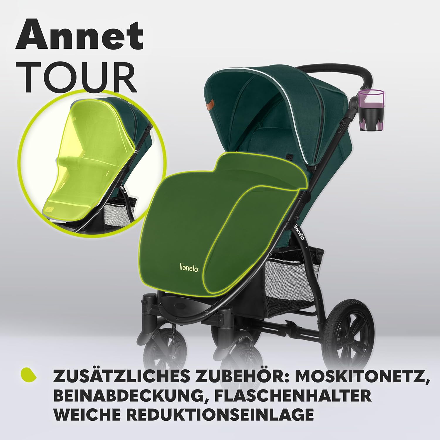 LIONELO Annet Tour Kinderwagen bis 22 kg, verstellbarer Griff, zusammenklappbar, verstellbare Rückenlehne bis zur Liegeposition, wartungsfreie Räder, XXL-Verdeck, 5-Punkt-Gurt, Einkaufskorb