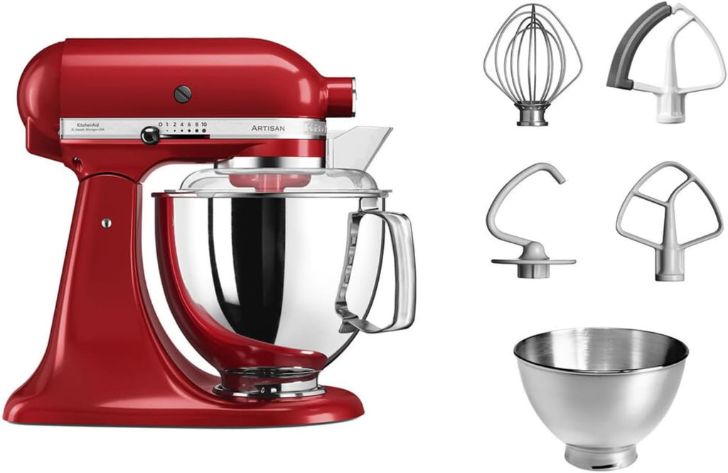 KitchenAid Robot da Cucina I Artisan I Planetaria con Testa Reclinabile I Impastatrice con 5 Accessori | 2 Ciotole in Acciaio Inox | 4.8 L | Rosso Imperiale