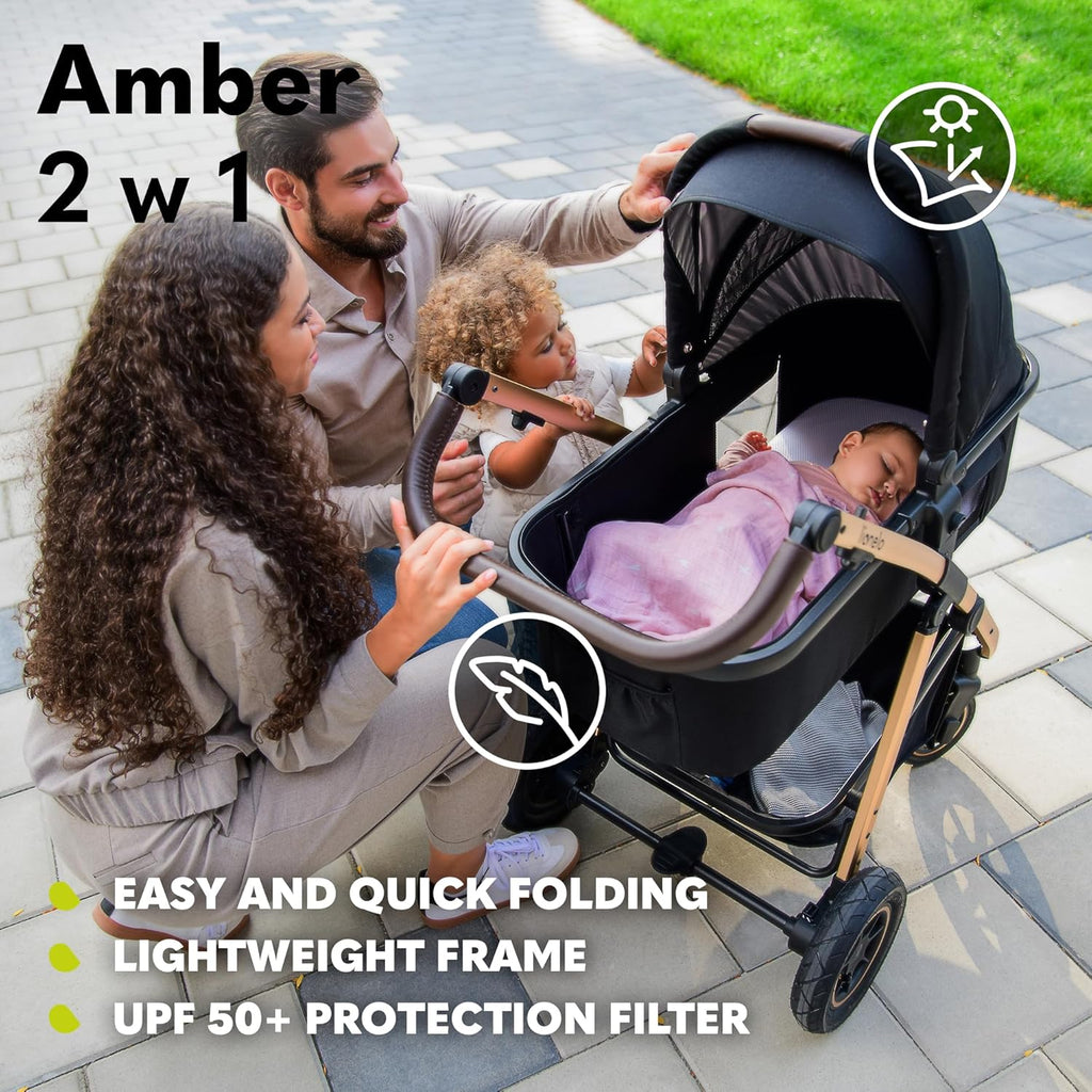 LIONELO Amber Kinderwagen 2 in 1 Kombikinderwagen, Kinderwagen Set mit sportlichen Sitz und fester Babywanne, Tasche, Moskitonetz, Abdeckung Regenblatt (Graphit)