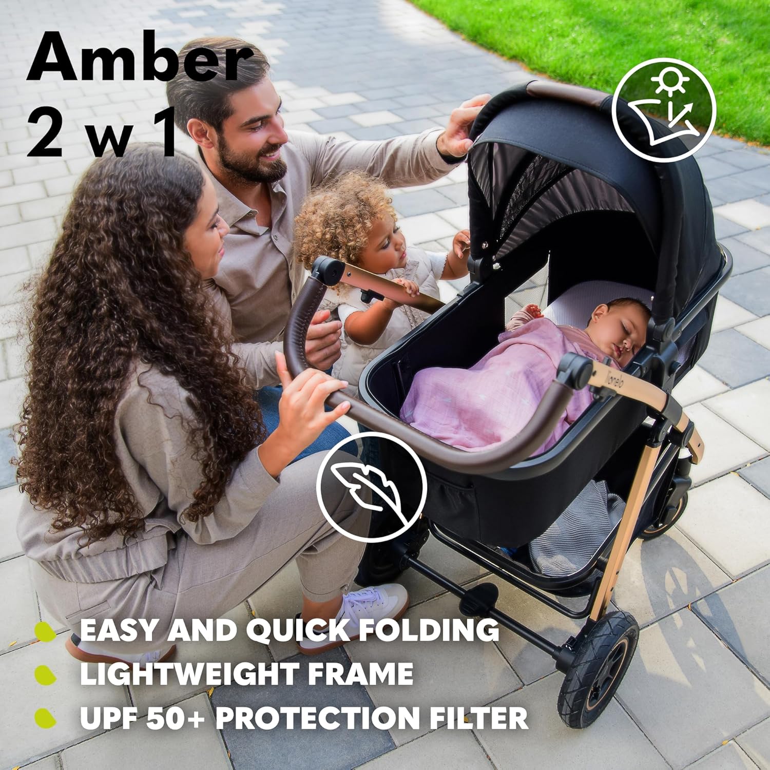 LIONELO Amber Kinderwagen 2 in 1 Kombikinderwagen, Kinderwagen Set mit sportlichen Sitz und fester Babywanne, Tasche, Moskitonetz, Abdeckung Regenblatt (Graphit)