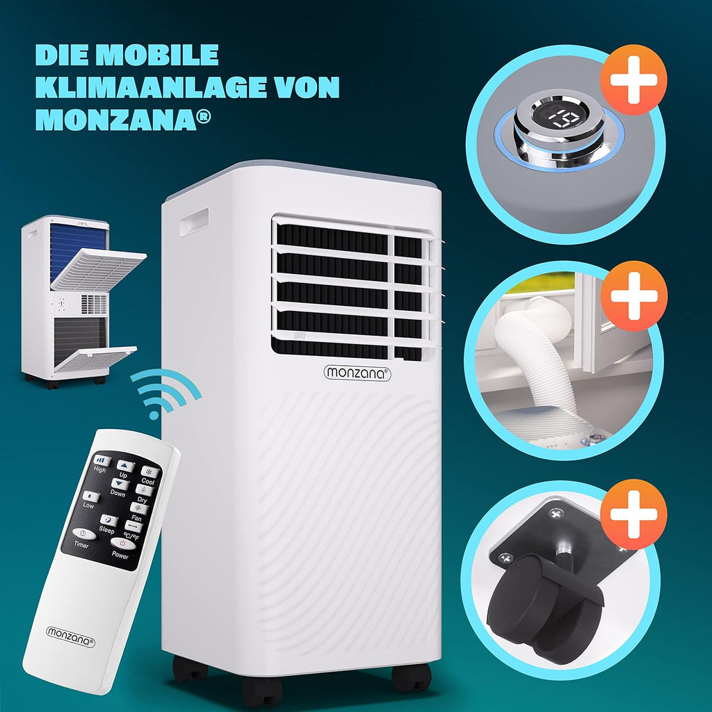 Monzana® climatizzatore portatile MZKA2000 tubo di scarico 7000BTU 3in1 750W timer 24h 25mq telecomando deumidificatore kit per tapparelle