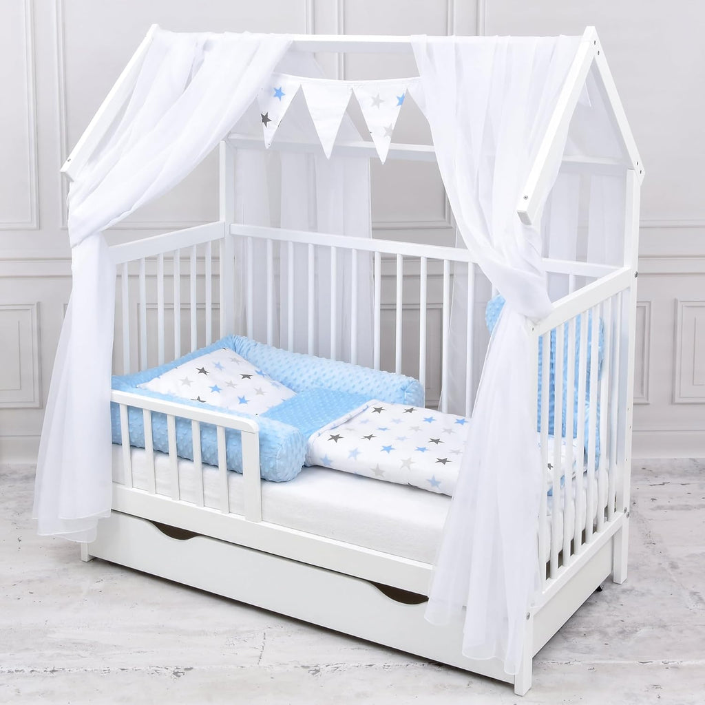 Baby Delux Lettino per Bambini Set Completo Casetta 60x120 cm Bianco con Cassetto Sponda Paracolpi Materasso Biancheria da Letto Set Decorativo (Stelle del Principe)