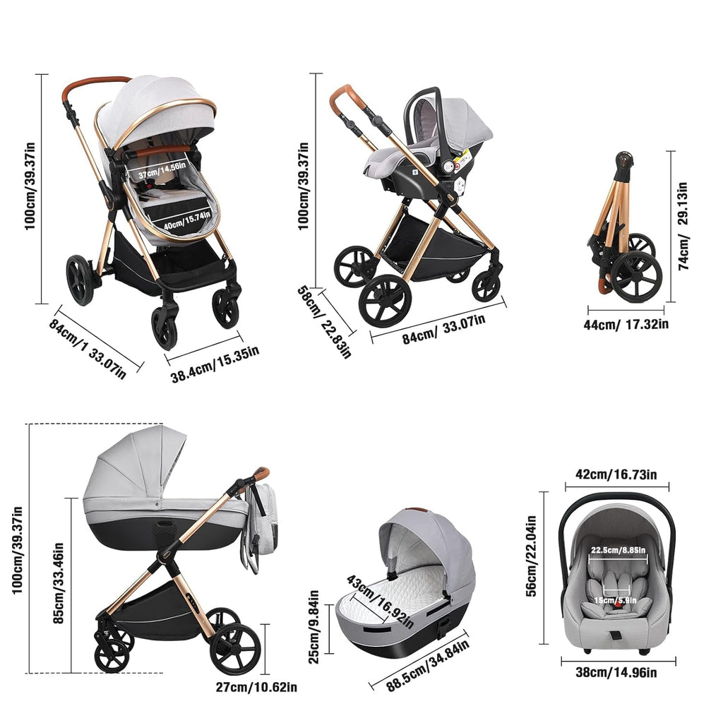 Sianldcone Passeggino 3 in 1, Set Passeggino con Tessuti di Alta Qualità, Sistemi di Viaggio con Spinta Reversibile, Passeggino Combinato a Vista Aperta Set Completo 3 in 1 (V9 Cachi)