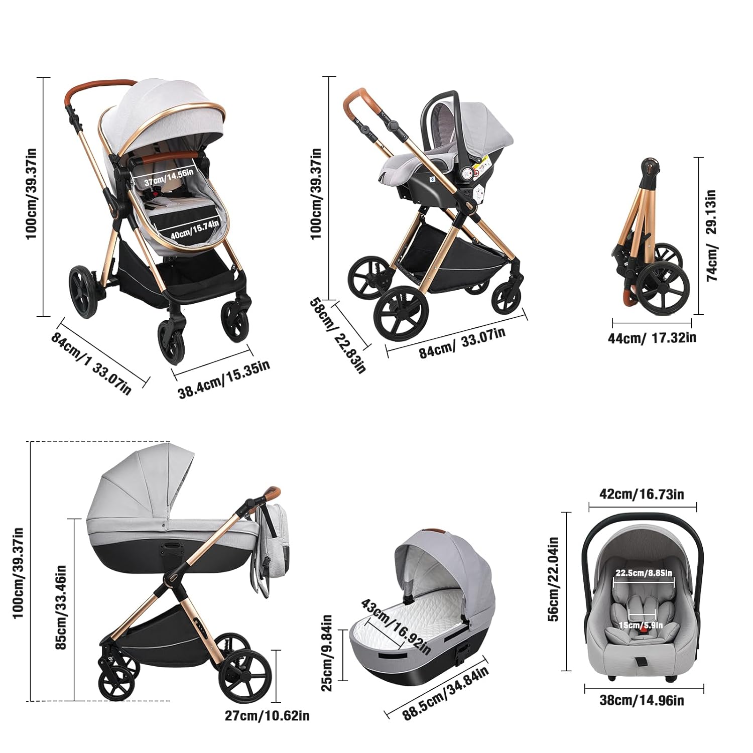 Sianldcone Passeggino 3 in 1, Set Passeggino con Tessuti di Alta Qualità, Sistemi di Viaggio con Spinta Reversibile, Passeggino Combinato a Vista Aperta Set Completo 3 in 1 (V9 Cachi)