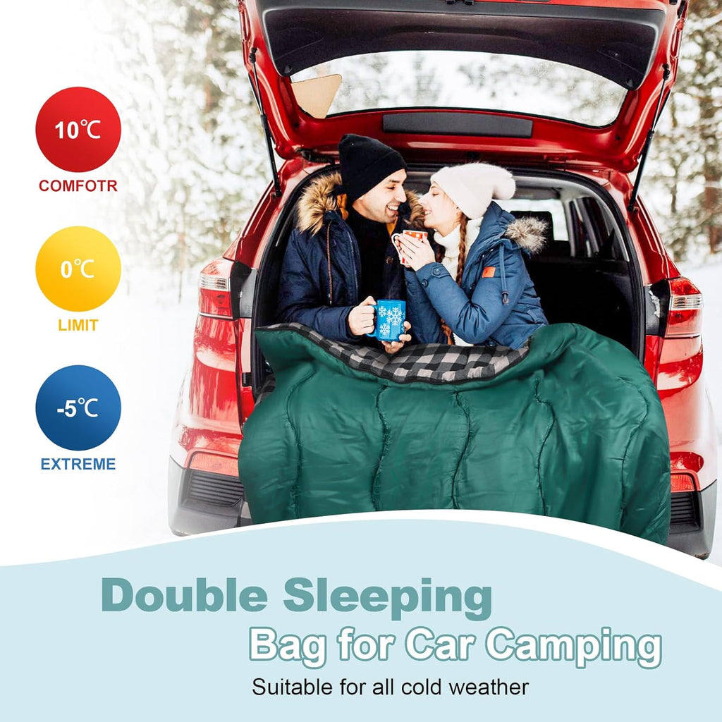FORINBUY Sacco a pelo doppio in flanella invernale per adulti – Sacco a pelo da esterno caldo, impermeabile, per 2 persone, formato Queen Size – Ideale per famiglie, campeggio e viaggi in camper