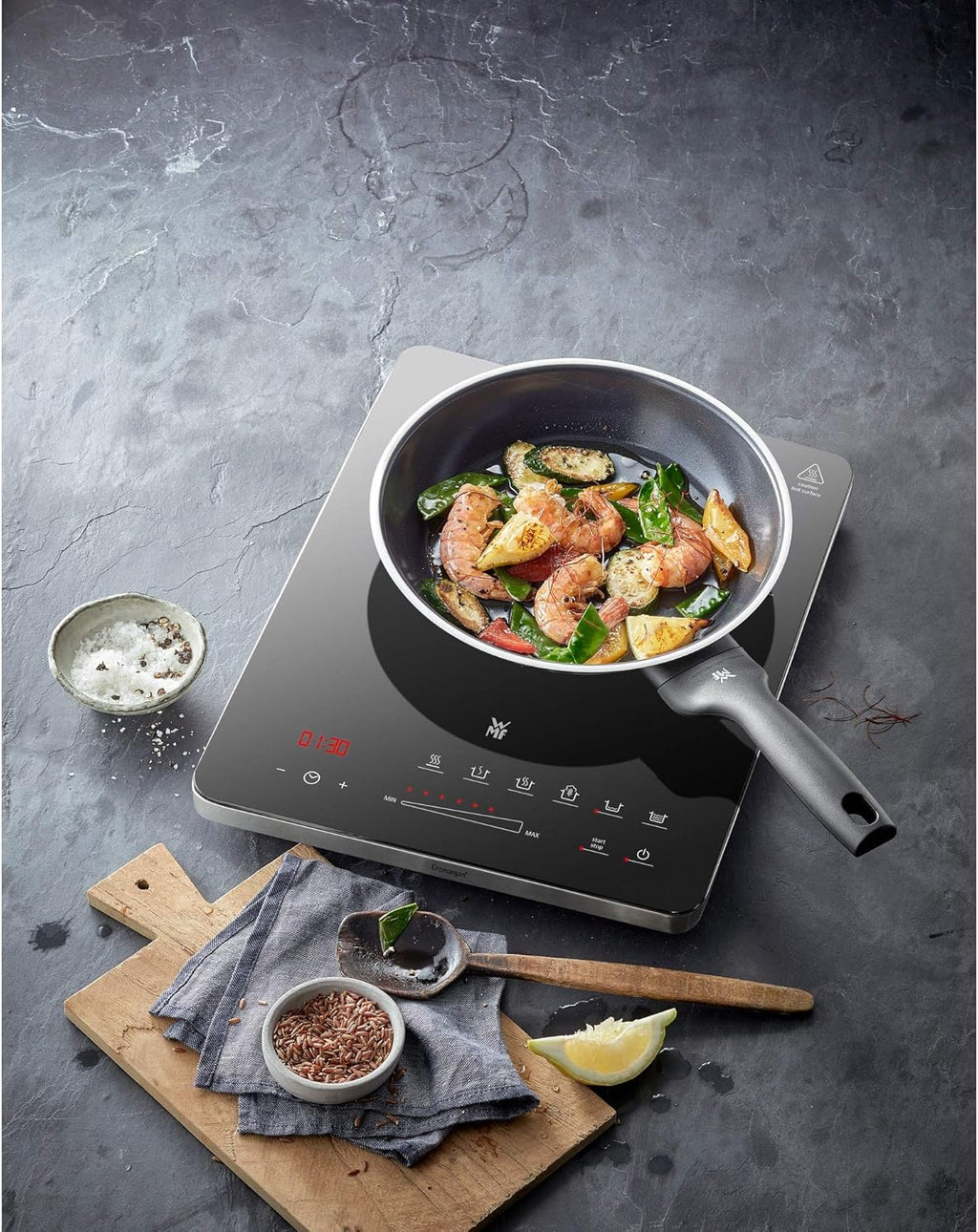 WMF Kult X Einzel- Induktionskochfeld, Kochplatte bis 28 cm, 1 Kochfeld, 8 Stufen, Topferkennung, Touch-Display, Glaskeramik, Timer-Funktion, 21 W & Stelio Wasserkocher Edelstahl 1,7l, edelstahl matt