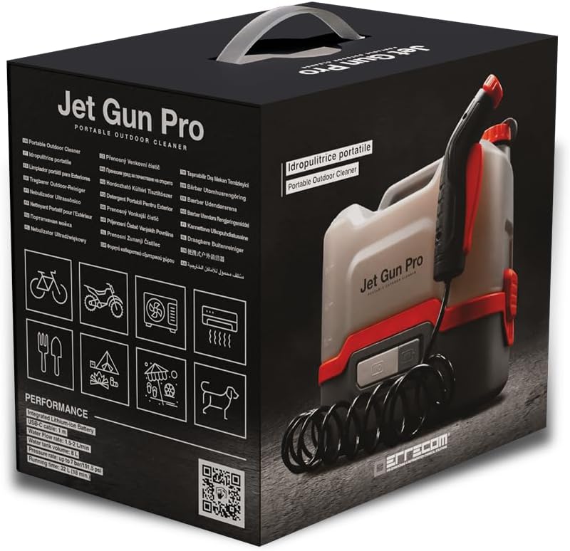 Errecom Jet Gun PRO, Tragbarer Akku-Hochdruckreiniger, 8-L-Wasserbehälter, 3-m-Spiralschlauch, Gewicht 2,1 Kg