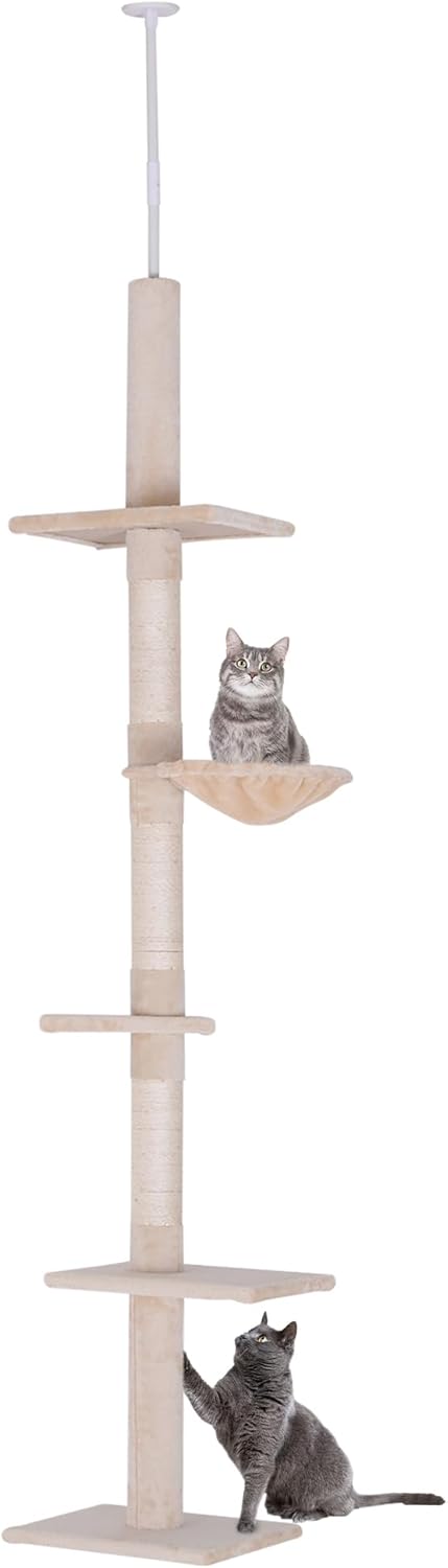 PawHut Katzenbaum mit Laufrad 4-Stock Kratzbaum Katzenhaus mit Sisalsäulen Katzenhöhle Kiefernholz Natur 80 x 50 x 143 cm