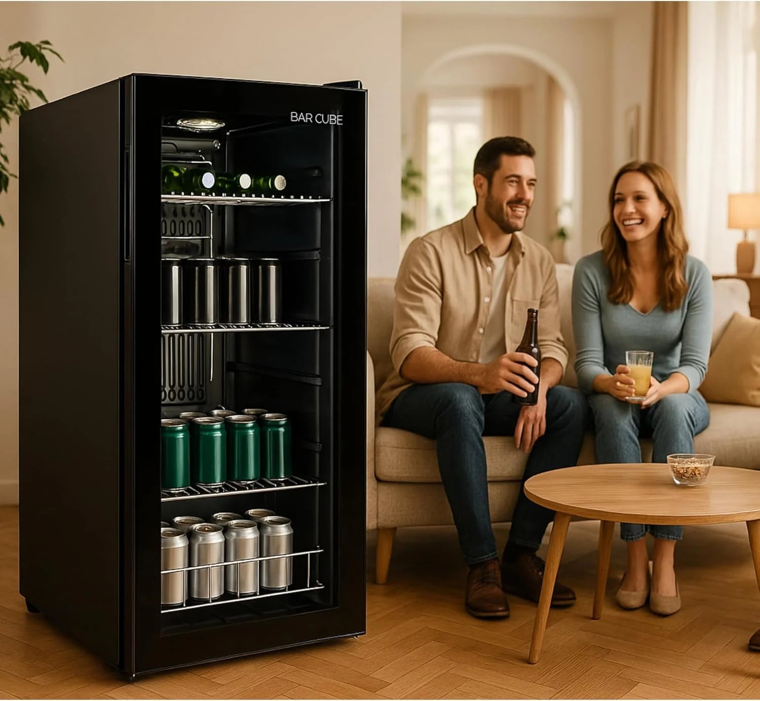 °CUBES Frigorifero per bevande 90L con porta in vetro e 4 ripiani regolabili | Frigorifero compatto per bottiglie, perfetto per casa, ufficio, feste e ristorazione | Elegante frigorifero con porta in vetro, nero