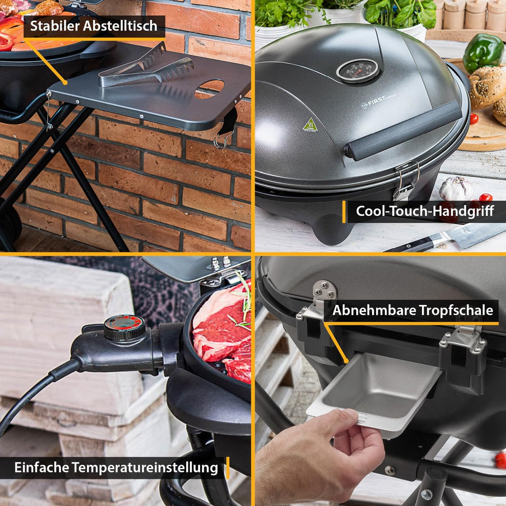 TZS First Austria Grill Elettrico 2in1 – Barbecue Elettrico Pieghevole ed Estremamente Stabile per Balcone – Grill da Tavolo Rimovibile da 2400 Watt con Coperchio, Piedistallo e Ruote, Plastica/Metallo – con Termostato