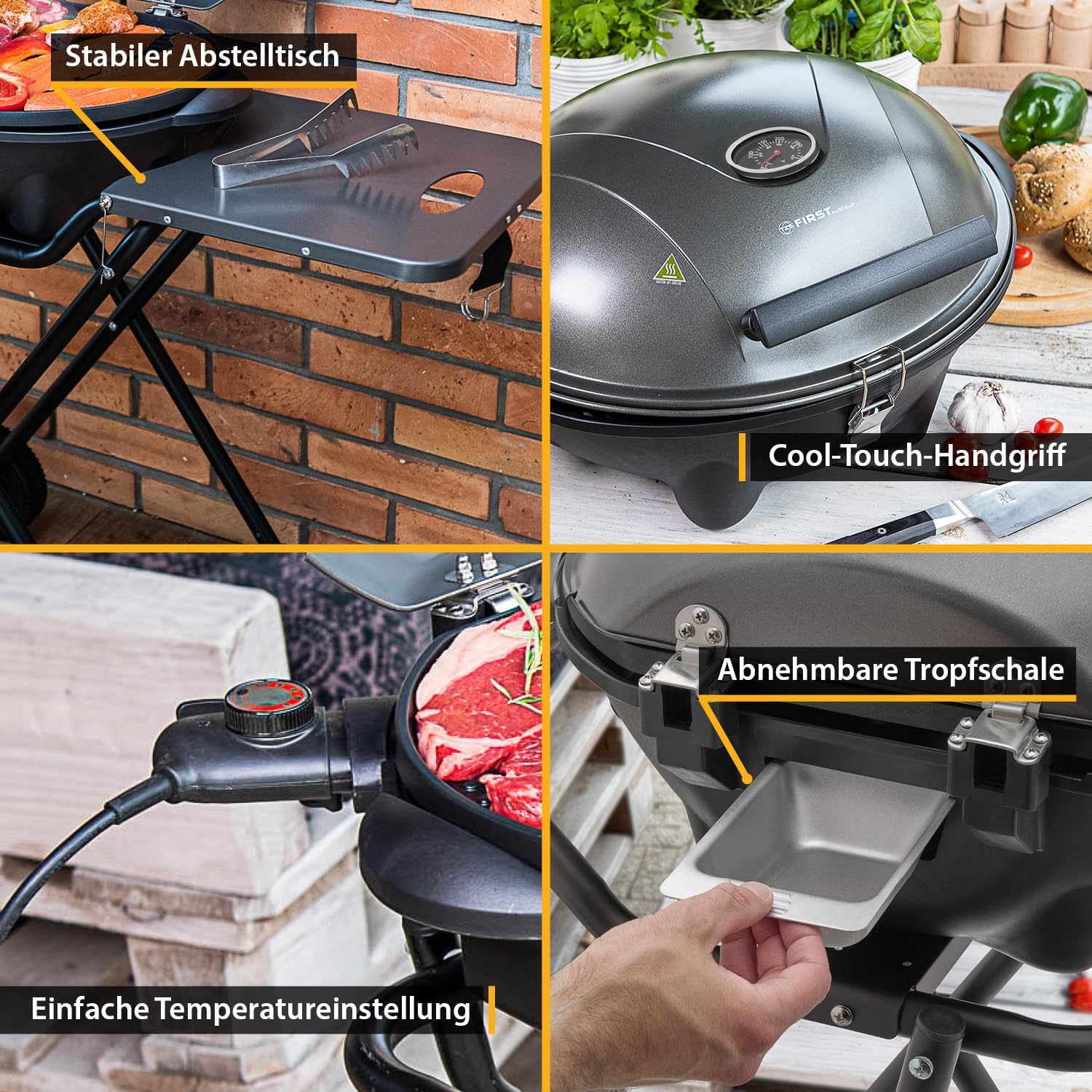 TZS First Austria Grill Elettrico 2in1 – Barbecue Elettrico Pieghevole ed Estremamente Stabile per Balcone – Grill da Tavolo Rimovibile da 2400 Watt con Coperchio, Piedistallo e Ruote, Plastica/Metallo – con Termostato