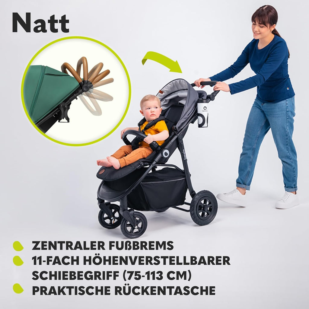 Passeggino LIONELO Natt fino a 22 kg, manico e schienale regolabili in posizione reclinata, cintura a 5 punti, grandi ruote fuoristrada, cappottina impermeabile XXL, 0-4 anni