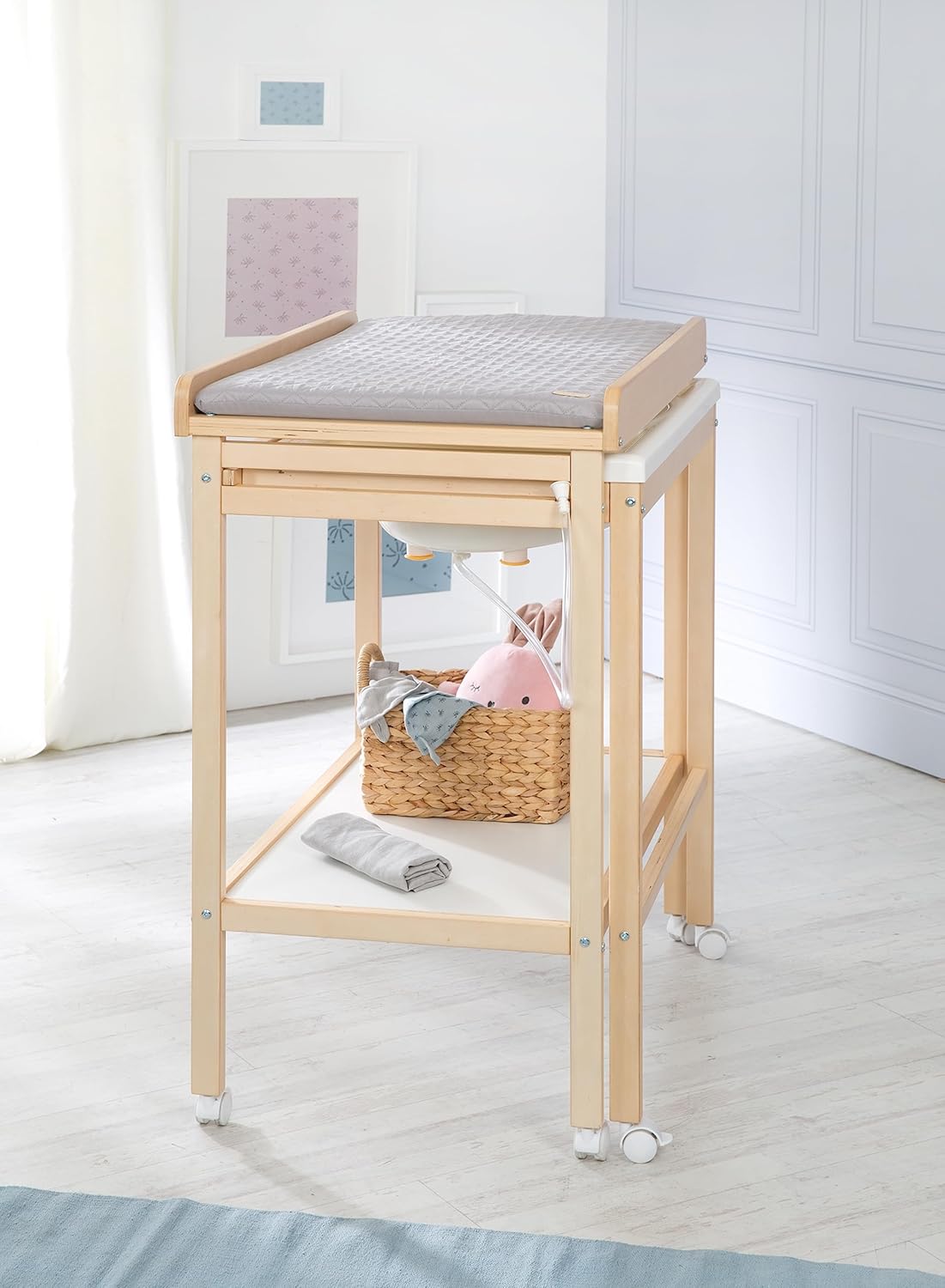 roba Fasciatoio da Bagno Combinato + Materassino Fasciatoio Style grigio - Fasciatoio Mobile Combinato con Vasca Integrata - con piano fasciatoio estraibile - Legno bianco