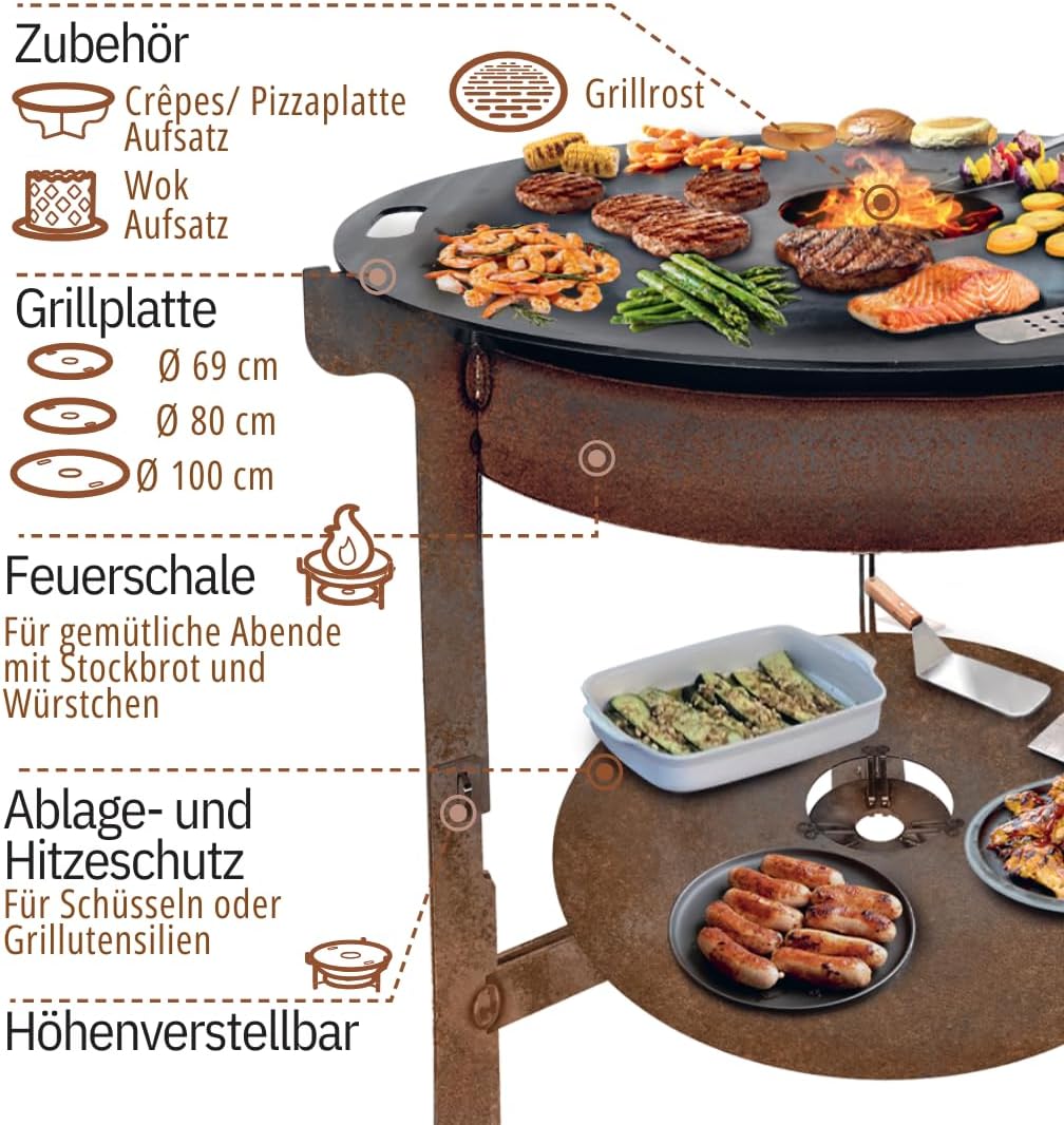 Terma Accessori Tagliere in legno Cucina da esterno, piastra plancha, grill con piastra in ghisa, ripiano per piastra in ghisa, braciere con griglia, anello per griglia per braciere