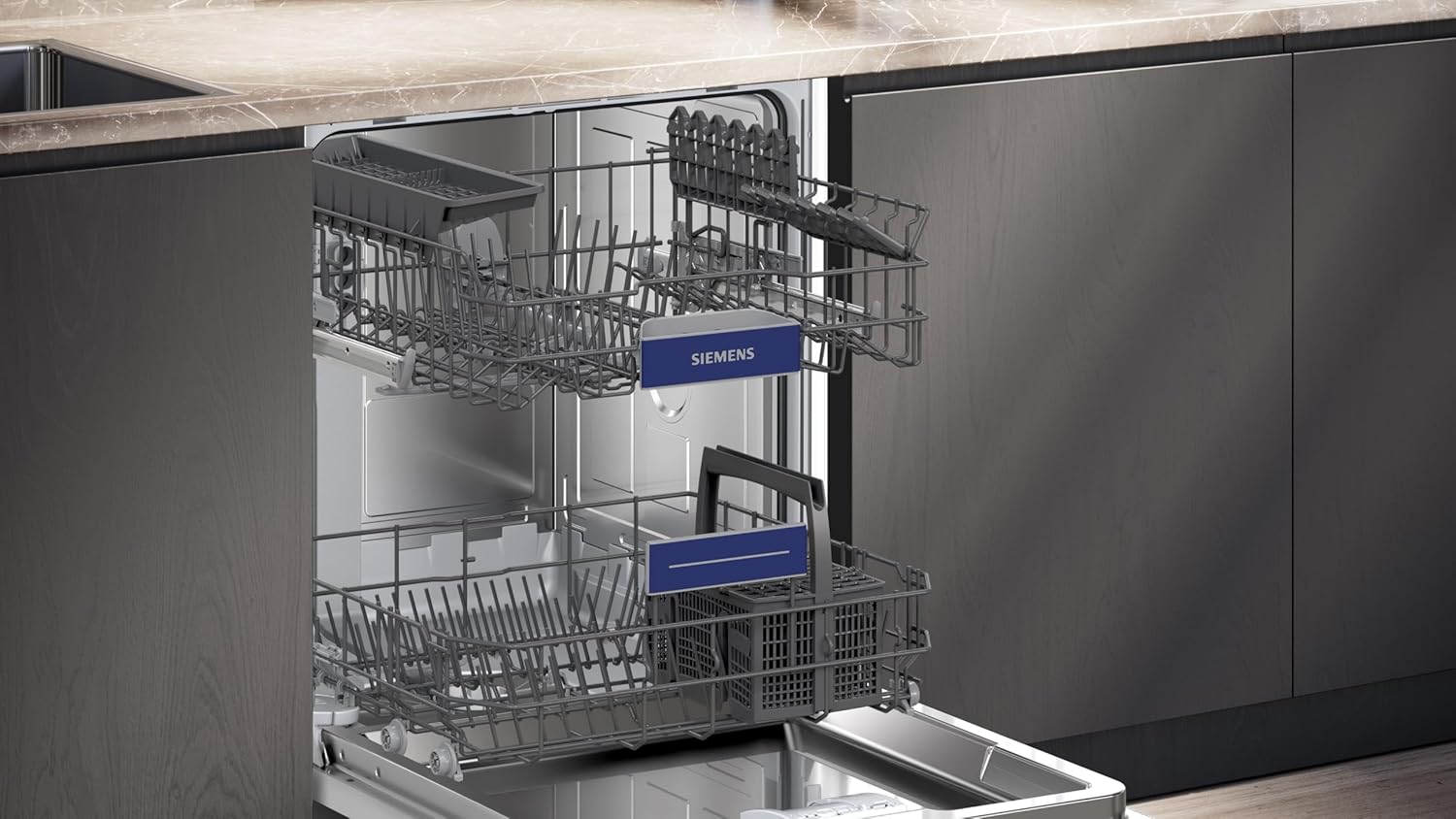 Siemens SN43ES14VE, lavastoviglie intelligente iQ300, lavastoviglie da incasso con cassetto portaposate, 60 cm, apertura automatica della porta grazie ad autoOpen dry, particolarmente silenziosa con motore iQdrive, aquaStop, acciaio inossidabile