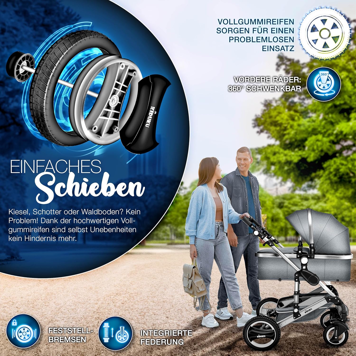 KIDUKU® Set completo passeggino 3 in 1 | Set passeggino combinato con navicella e sedile sportivo passeggino e seggiolino auto ovetto sacco a pelo | Ruote in gomma piena borsa per il cambio scaldamani parapioggia tavolino ECE R129