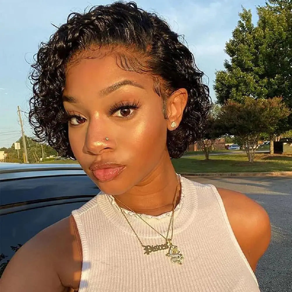 Lockiger Pixie Cut Perücke Kurzer Bob Echthaar Lace Front Perücken Vorgezupft Mit Babyhaaren Deep Curly Klebstofffreie Bob Perücken  Für Frauen 1B