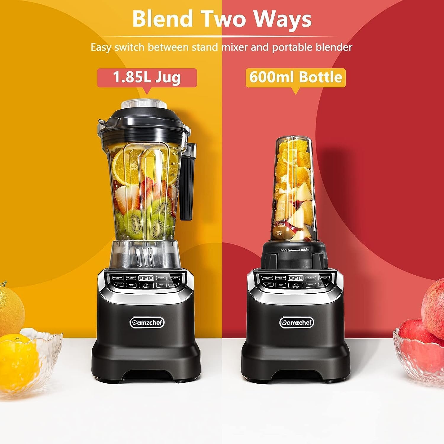 AMZCHEF Frullatore Professionale 2 IN1 con Contenitori da 1850 ml e 600 ml per Due Modalità di Frullatura | Frullatore da Tavolo 2000 Watt con 6 Lame Professionali e 22000 Giri/Min - Grigio Opaco