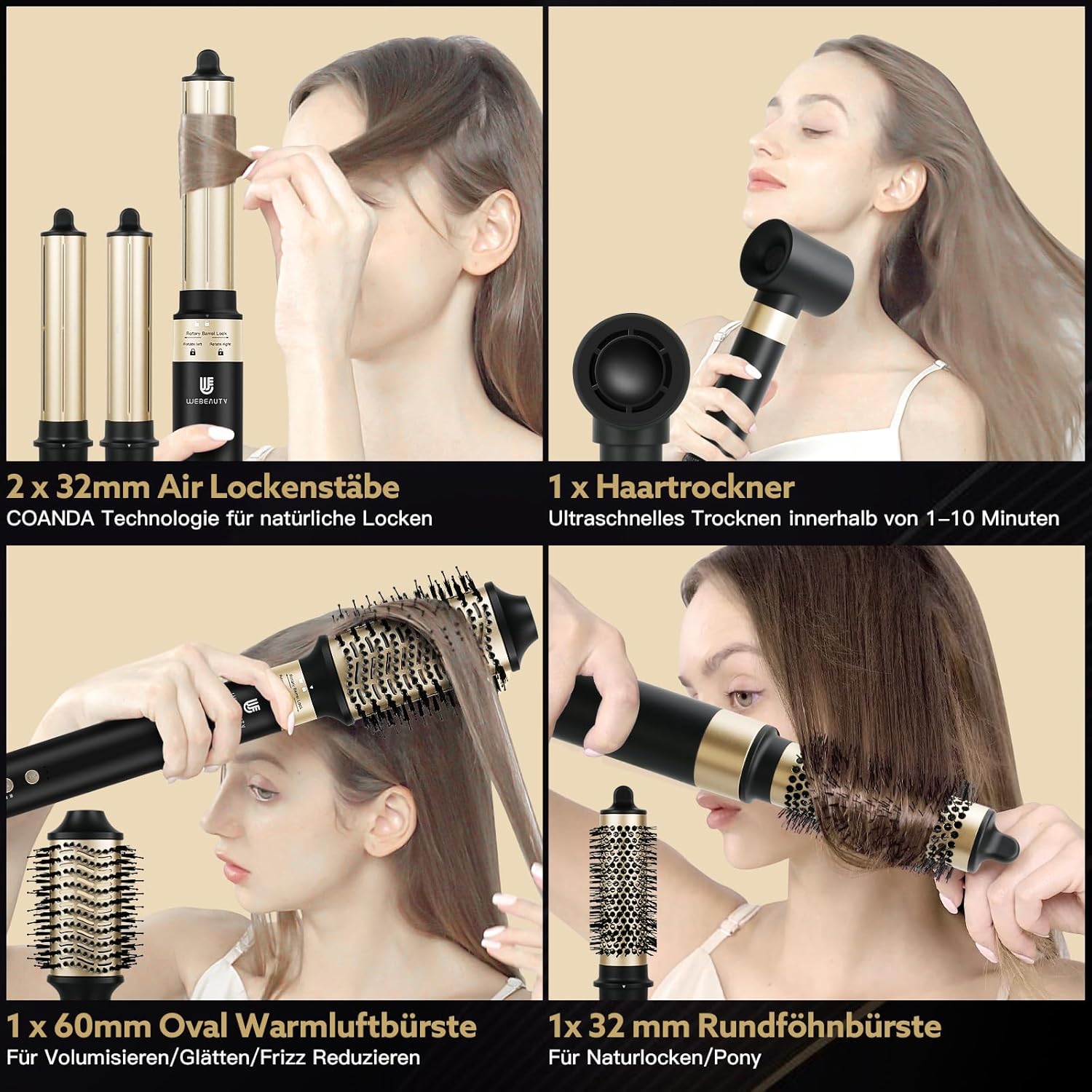 webeauty Asciugacapelli 5 in 1, 110.000 giri/min, 20 m/s, Asciugacapelli brushless ad alta velocità con 200 milioni di ioni negativi con spazzola ad aria calda e arricciacapelli ad aria, Bianco
