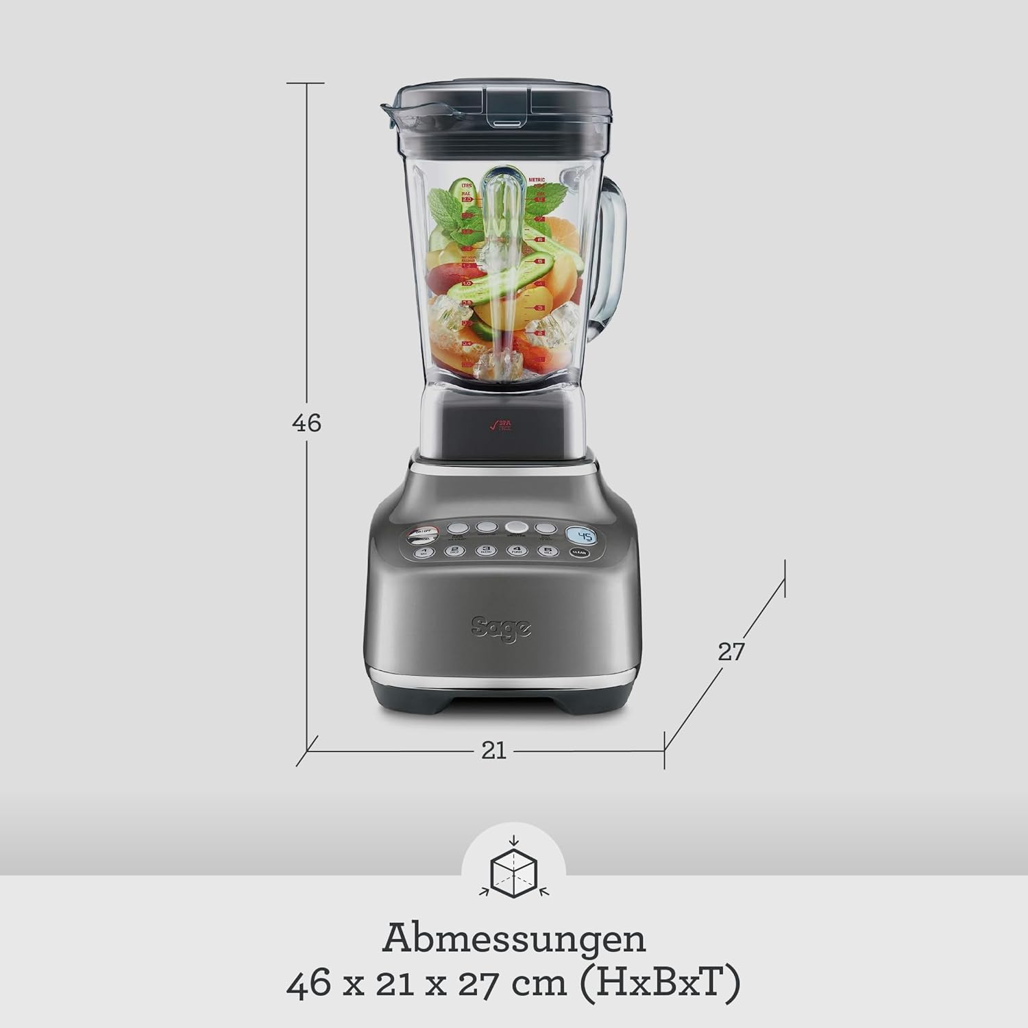 Sage - The Q - Schneller, leistungsstarker Mixer - 2400 W Standmixer, 4 One-Touch-Programme, 300 km/h Umdrehungsgeschwindigkeit - 2L Fassungsvermögen, 5 Geschwindigkeitsstufen - Smoked Hickory