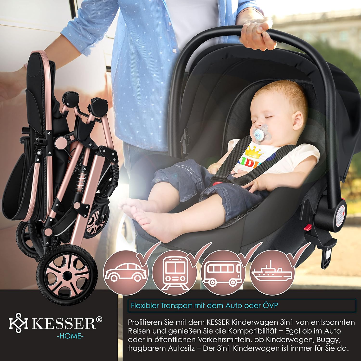 KESSER Loops 3 in 1 Passeggino Combinato, Set Completo con Navicella, Seduta Sportiva Buggy e Seggiolino Auto Ovetto, Gomme Piene, Borsa Fasciatoio, Parapioggia, Tavolino, ECE R129, Nero/Champagne