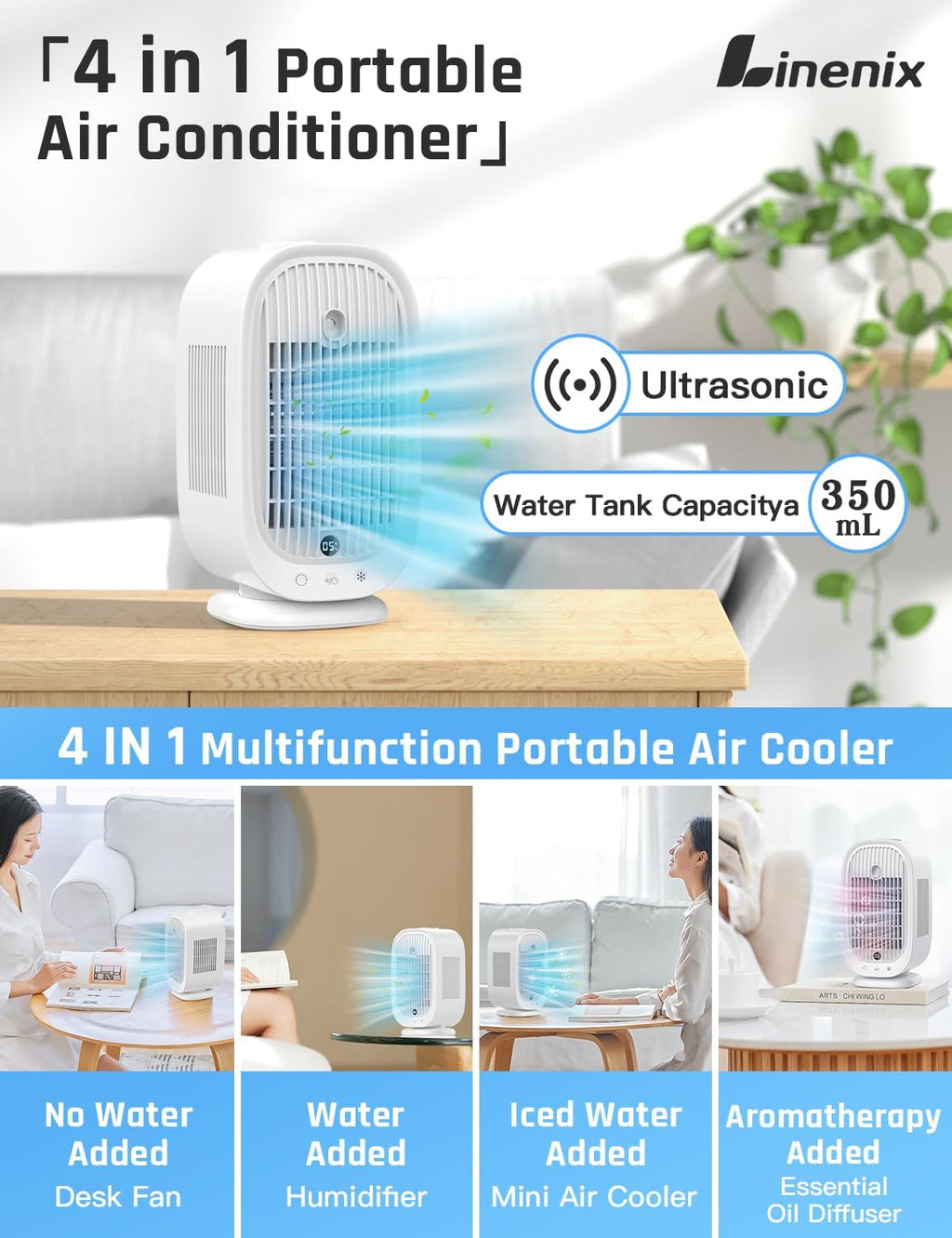 Climatizzatore Portatile 4 in 1, Condizionatore Evaporativo con 5 Velocità del Vento, 2 Modalità di Nebbia, Oscillazione 45°/90°/120° per Casa/Ufficio.