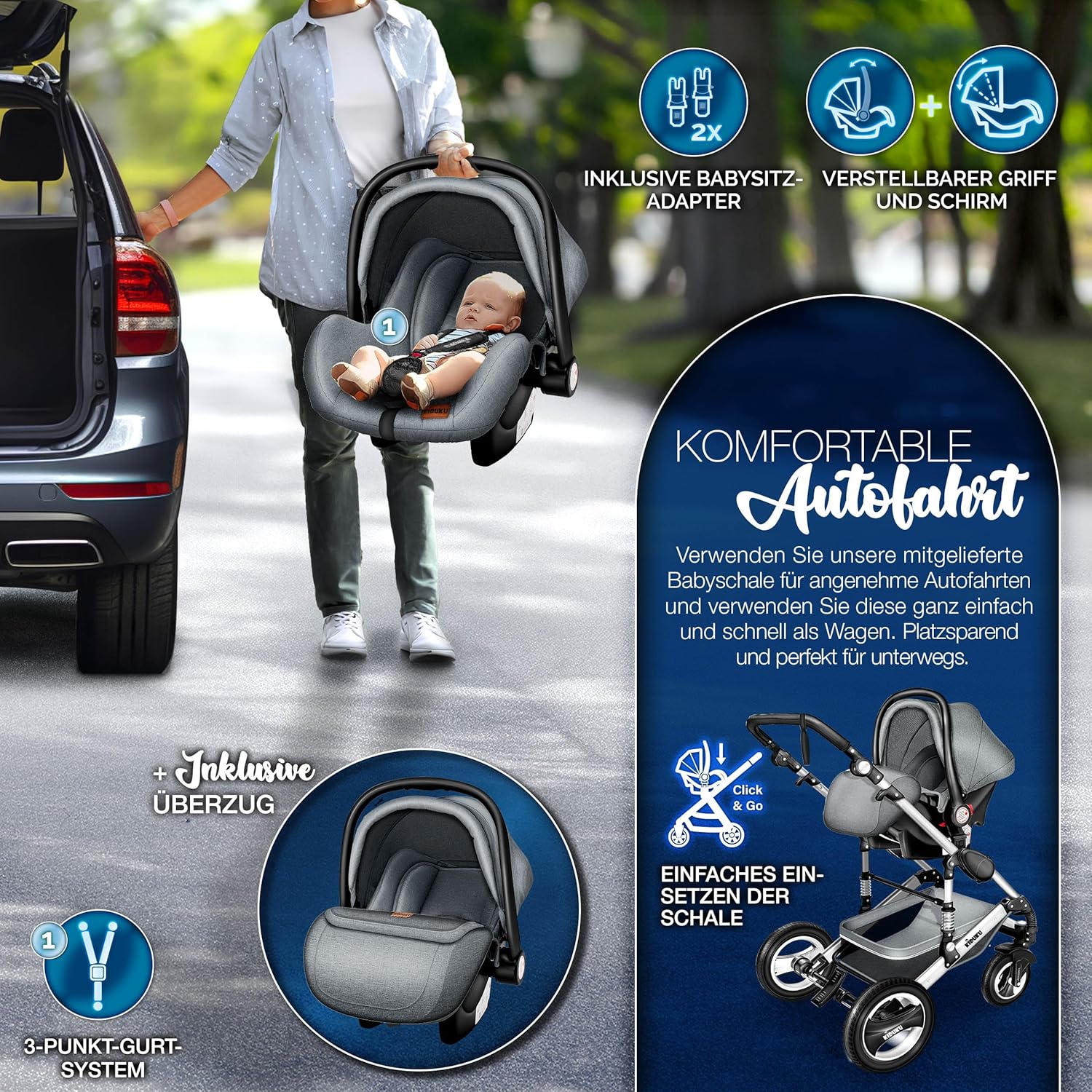 KIDUKU® Set completo passeggino 3 in 1 | Set passeggino combinato con navicella e sedile sportivo passeggino e seggiolino auto ovetto sacco a pelo | Ruote in gomma piena borsa per il cambio scaldamani parapioggia tavolino ECE R129