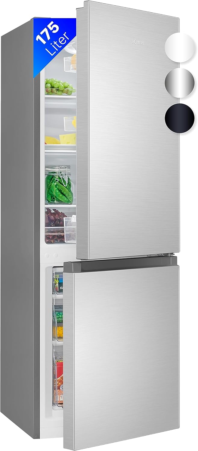 Bomann® Frigorifero con congelatore alto 143cm | Combinazione frigo-congelatore 175L con 3 ripiani e 3 cassetti | Porta reversibile | Combinazione frigo-congelatore silenziosa 39dB | Frigorifero KG 322.1 acciaio inox-look