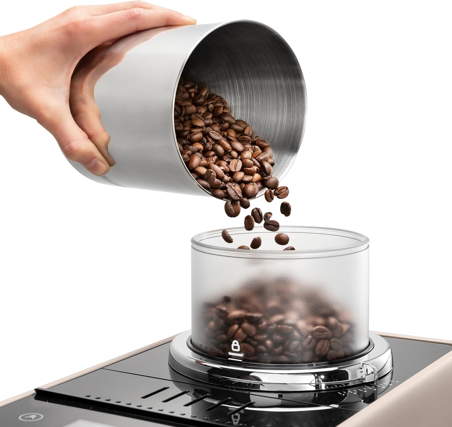 De'Longhi Rivelia EXAM440.35.BG Macchina da caffè automatica con lancia vapore, contenitore chicchi intercambiabile, 8 bevande a base di caffè one-touch, funzione Extra Shot, display touch da 3,5 pollici, Beige