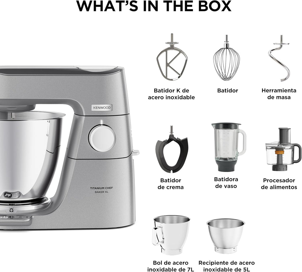 Kenwood Titanium Chef Baker KVL85.424SI Robot da cucina con bilancia integrata, incl. set pasticceria da 4 pezzi, ciotole da 7 L e 5 L, regolazione continua della velocità, 1200 W, Argento