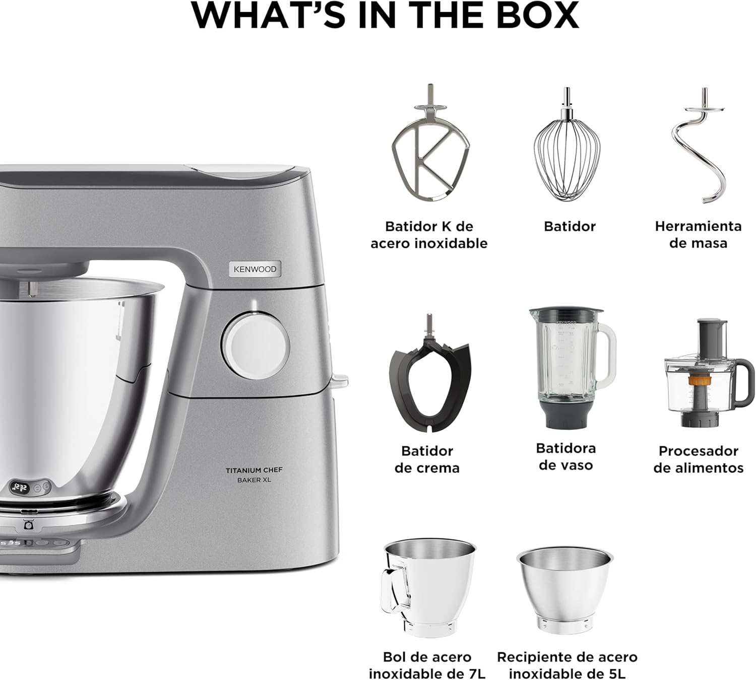 Kenwood Titanium Chef Baker KVL85.424SI Robot da cucina con bilancia integrata, incl. set pasticceria da 4 pezzi, ciotole da 7 L e 5 L, regolazione continua della velocità, 1200 W, Argento