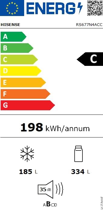 Hisense RS677N4BFD Frigorifero Americano Side by Side / Compressore Inverter / Porta Bottiglie / 2 FreshZone / Vano Verdure / Capacità Frigo 334 L / Capacità Congelatore 185 L / 41 dB / 247 kWh all'anno, Nero