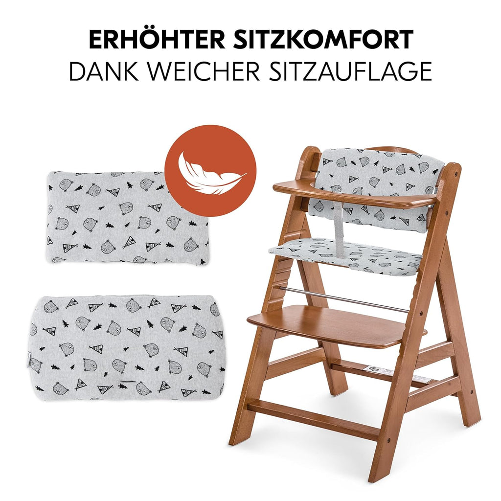 hauck Alpha Plus Newborn Set mit Premium Bouncer Dark Grey - Baby Holz Hochstuhl ab Geburt mit Liegefunktion - extra flacher Aufsatz für Neugeborene & Baumwoll Sitzpolster - Grau