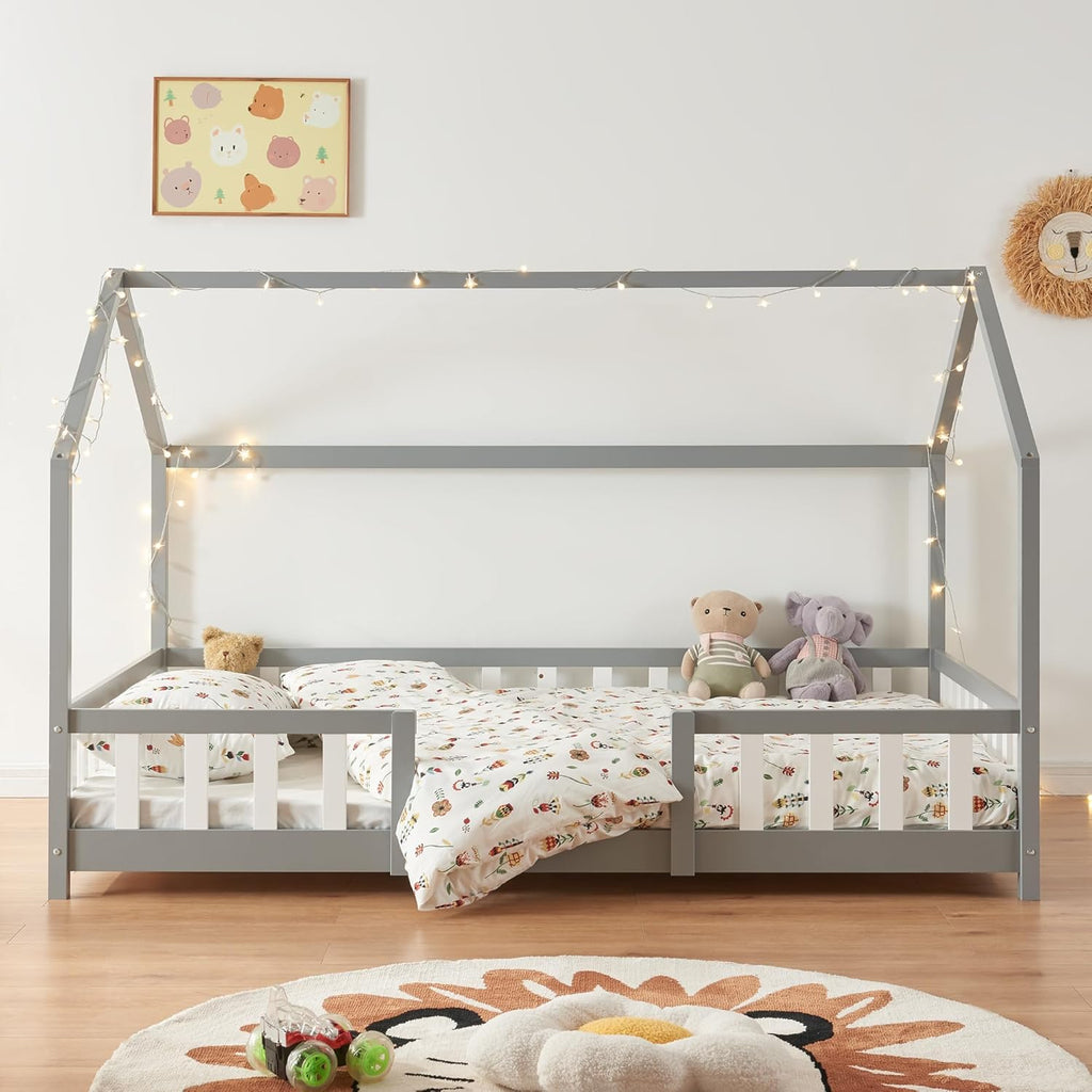 [en.casa] Letto per bambini Sisimiut a capanna 80 x 160 cm con protezione anticaduta letto in legno per bambini letto a terra rete a doghe in legno di pino Bianco opaco
