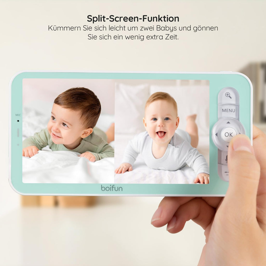BOIFUN Babyphone mit 2 Kamera App, 2K HD Bild, PTZ 355°/60°, 4×Zoom, Automatische Verfolgung, Weinen/Bewegungs/Geräuscherkennung, Temperatur und Feuchtigkeitsmessung