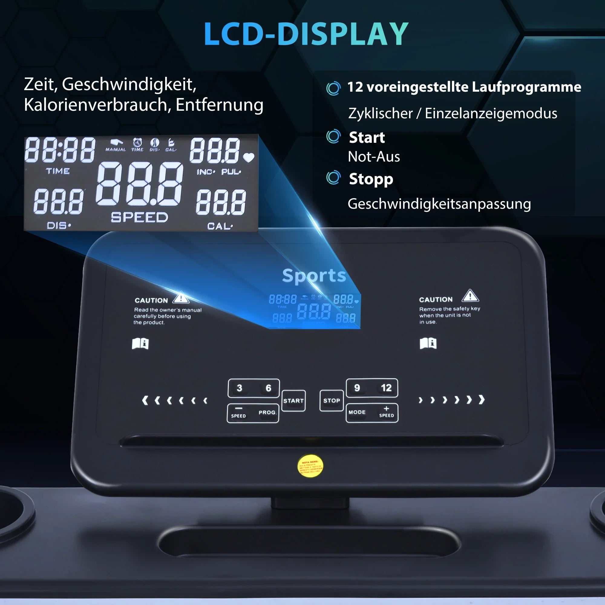 HOMCOM Tapis roulant elettrico pieghevole, display LCD, 12 programmi