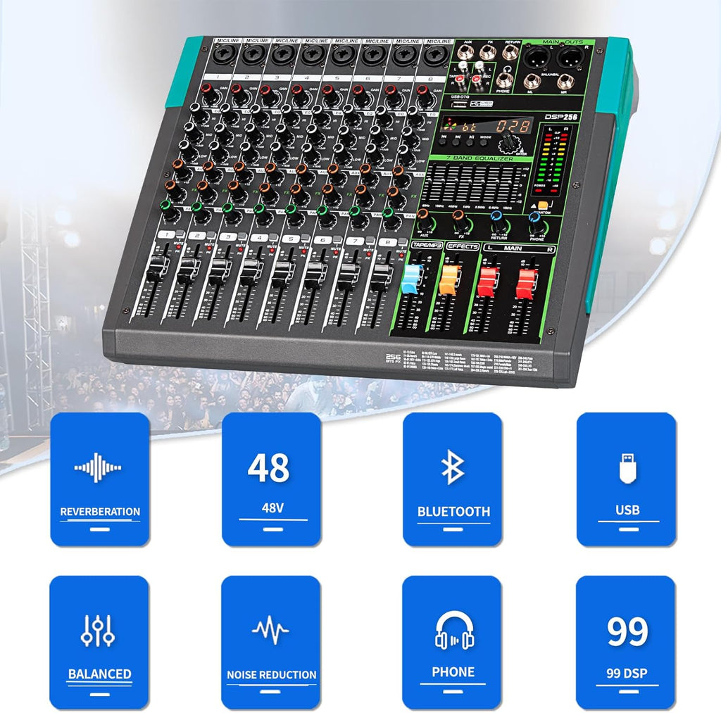Depusheng PA12 Mixer DJ Professionale a 12 Canali con 256 Effetti DSP, Ingresso Bluetooth, Lettore USB, Alimentazione Phantom 48V