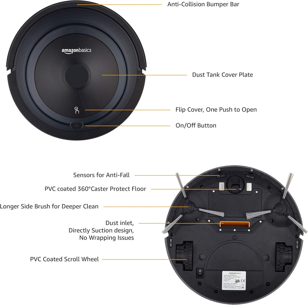 Amazon Basics – Saugroboter, schlankes Design, 18 W (800 Pa), 6 Reinigungsmodi, Anti-Kollisions- & Fallschutz-Sensor, Kabellos, Kompakt,Rad, automatische Aufladung, Fassungsvermgen 0,35 l